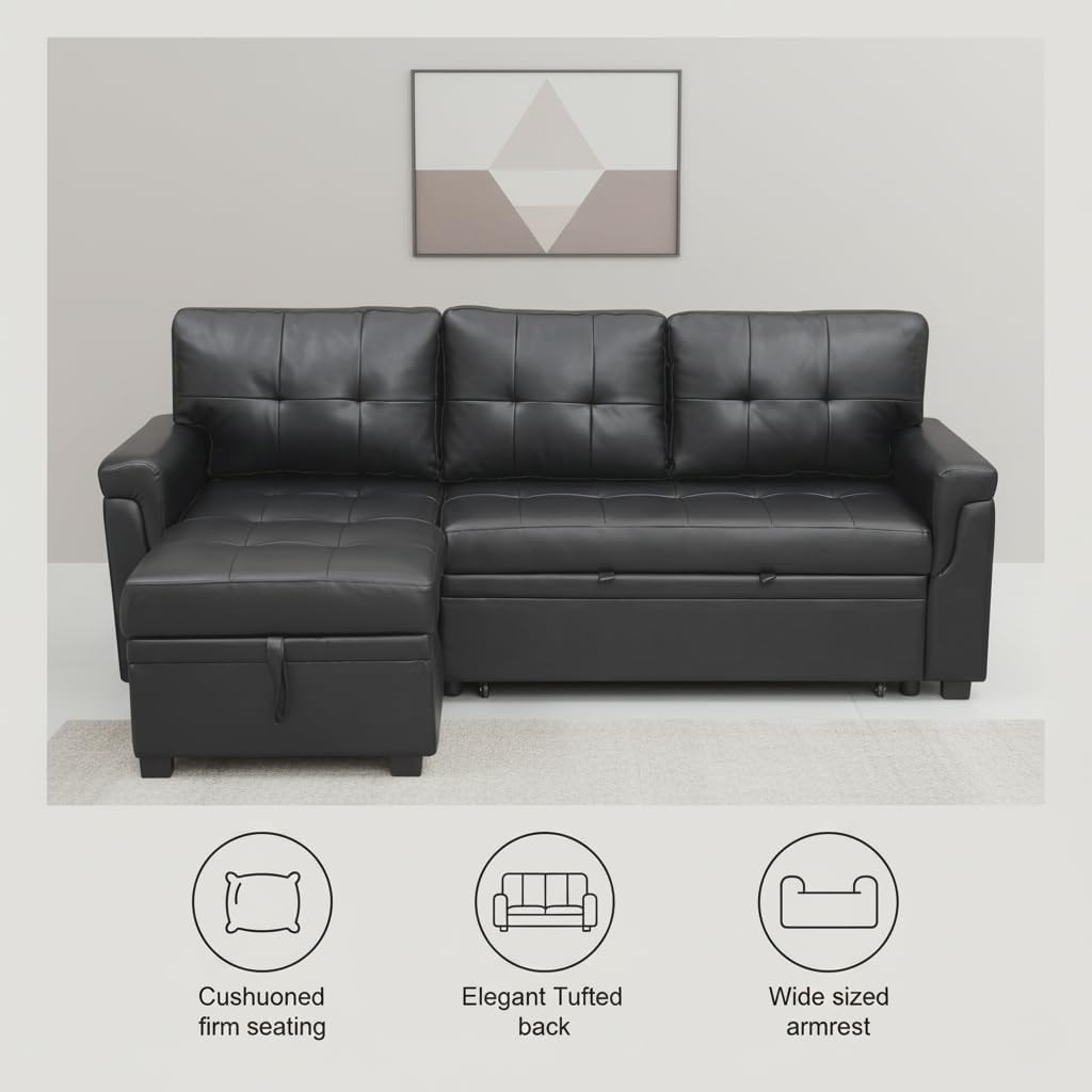 Multifunctional Sectional Sofa with Pull-Out Sleeper Bed & Hidden Storage – Reversible Chaise Black,Air Leather – Space-Saving, Durable, Stylish & Easy DIY Assembly for Apartments & Small Homes