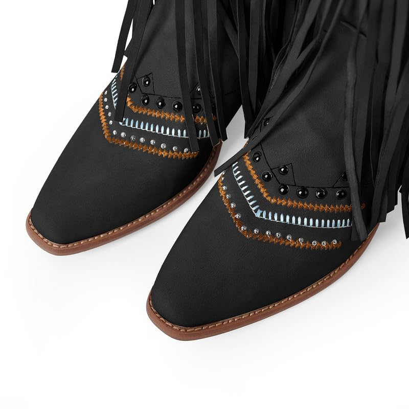 Image of LISHAN Women's Western Cowboy Cowgirl Boots Fringed Tassel Block Heels Embroidered Calf High Boots