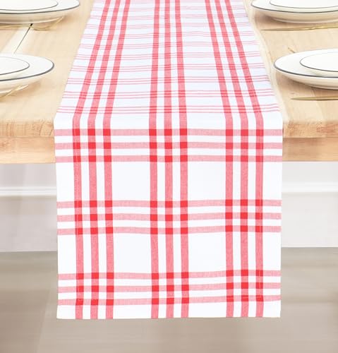 PurpleEssences Camino de mesa de comedor | Camino de mesa de granja a cuadros | para decoración del hogar | 100% algodón, largo y suave para uso diario | 100% lavable a máquina | rojo/blanco (tamaño