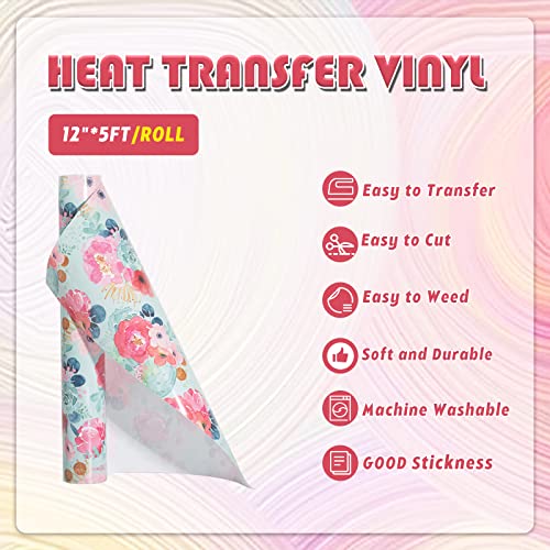 Tintnut Flower Heat Transfer Vinyl Roll - 12 Inch x 5ft Blue Watercolor Rose Floral Pattern HTV Iron On Vinyl DIY T-Shirts Hats Clothes Canvas Bags