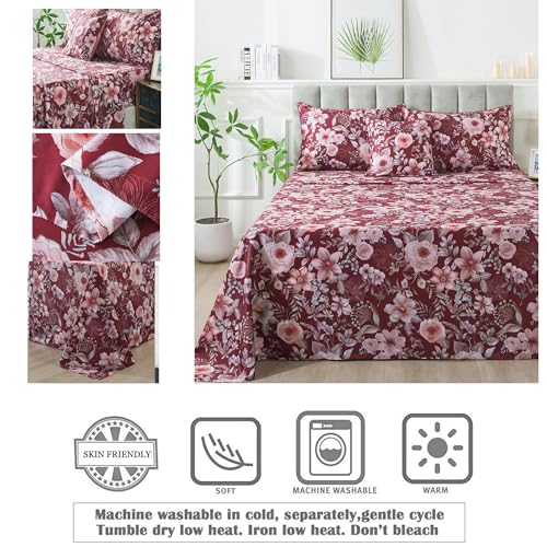 Image of FADFAY Rose Floral Sheets Cal King Vintage Red Floral Bedding Shabby Pink Peony Sheets Farmhouse Bedding 800 Thread Count 100% Egyptian Cotton Soft Deep Pocket Fitted Sheet 4Pcs, California King Size