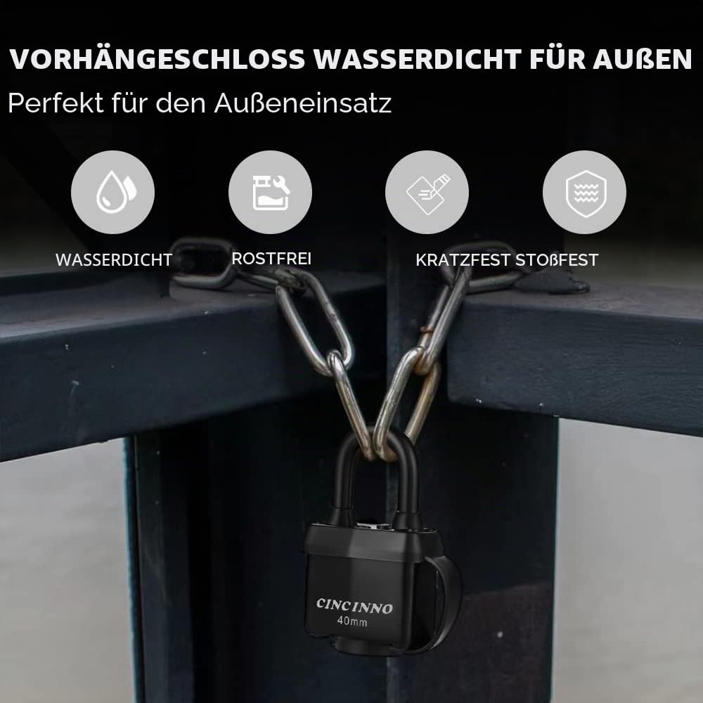 CINCINNO Wetterfeste Vorhängeschlösser für den Außenbereich, 6 Stück gleichschließende Vorhängeschlösser mit 4.8 cm breitem Körper, robustes Vorhängeschloss für Schuppen, Werkzeugkasten, Schließfach