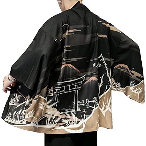 Ambcol Men\'s Japanese Haori Jacket Kimono Cardigan 3/4 Sleeve Noragi Casual Happi Coat C1-Black X-Large