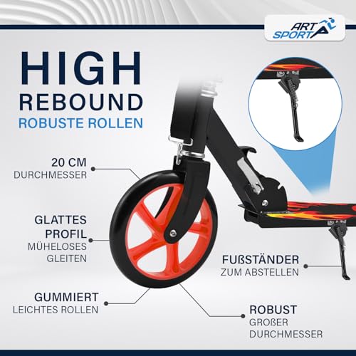 ArtSport Scooter Cityroller Fire Big Wheel 205 mm R&auml;der klappbar & h&ouml;henverstellbar - Kinder-Roller ab 3 Jahre - Tretroller bis 100 kg - schwarz/rot