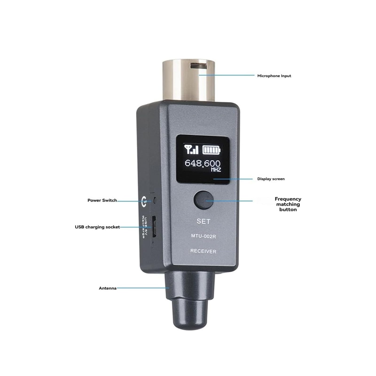 Ricevitore trasmettitore XLR Wireless, Sistema Adattatore XLR Wireless UHF Multifunzionale, Compatibile con Ricarica USB, trasmettitore Wireless Microfono per condensatore dinamico