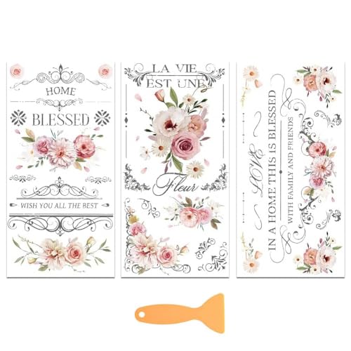 PLIGREAT 3 Blätter Retro Rub on Sticker für Möbel Transfers Aquarell Blumen Aufkleber für DIY Handwerk Holz Kleiderschrank Schublade Schranktür Tischstuhl Dekoration alte Möbel Renovierung Dekor