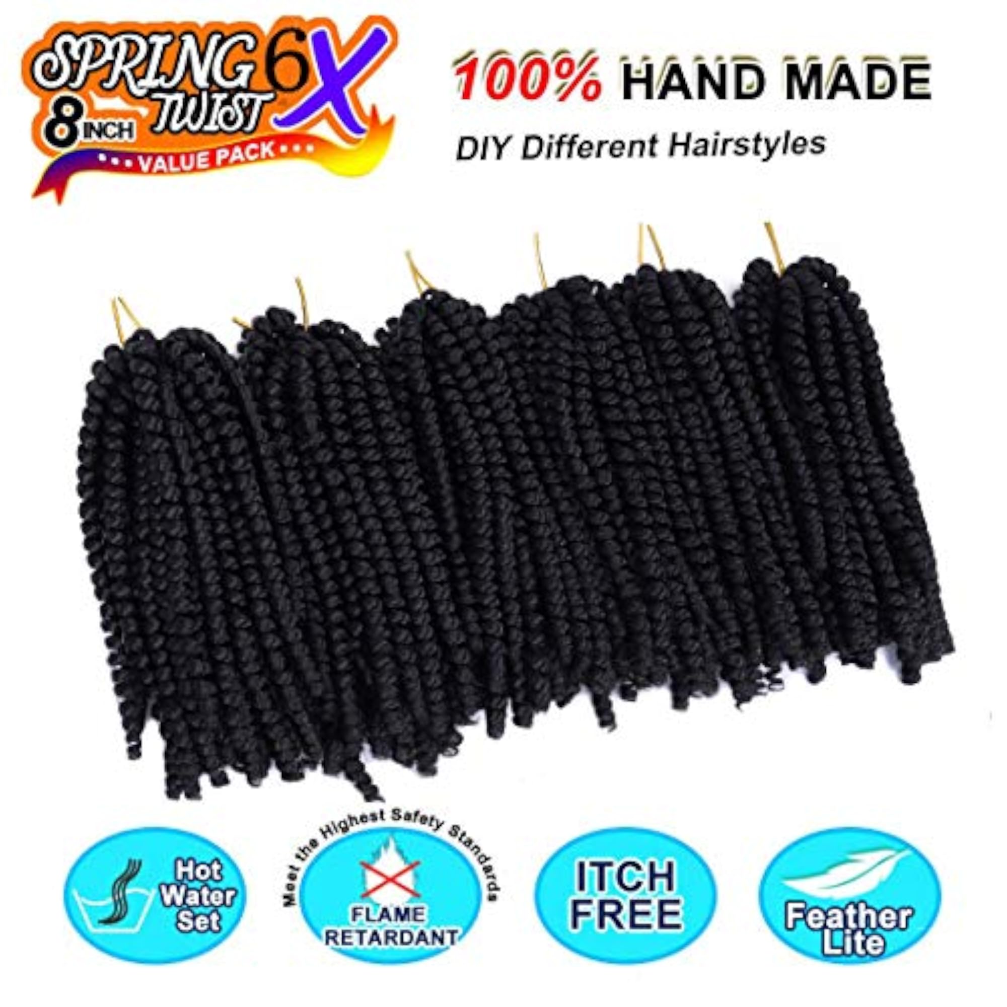 6 Packs Spring Twist Crochet Hair, 8 Inch