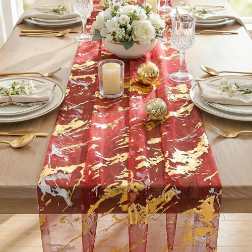 Artoid Mode Marble Pattern Red Gauze Table Runner 10FT, Glitter Metallic Foil Sheer Dining Wedding Anniversary Birthday Table Decor for Home Party - Image 6