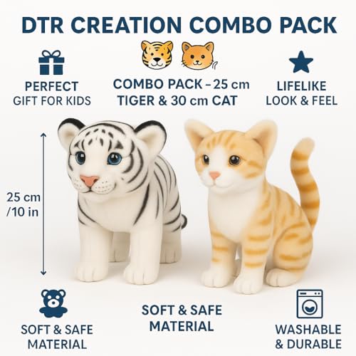 Image of Combo Pack ? 25cm White Tiger & 30cm Orange Cat Plush Toys | 2 Soft Stuffed Animals for Kids | Cute Jungle & Pet Plushies for Boys & Girls (Pack of 2)
