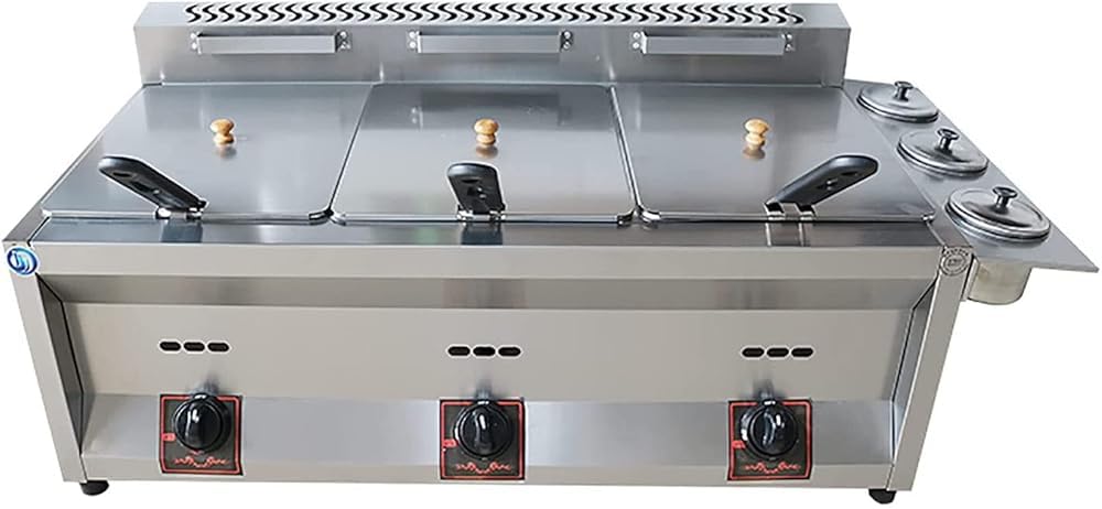 Friggitrice Professionale, friggitrice a Gas di Grande capacità 20L/30L, friggitrice a GPL in Acciaio Inossidabile per la casa e Commerciale, Potenza di Fuoco Regolabi(Color:10l+10l+10l+3xfriedbasket)