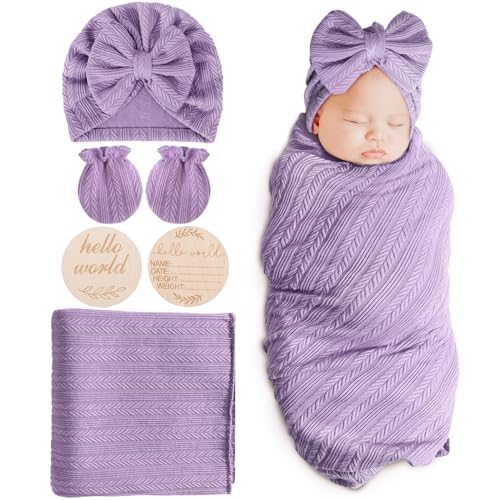 AQOKKA Newborn Receiving Blanket with Bow Hat Mittens Wooden Card Set Wheat-Pattern Newborns Toddler Baby Boy Girl Nursery Swaddle Wrap