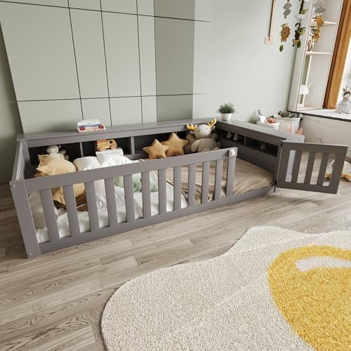Kebnor Cama infantil multifuncional de 90 x 200 cm, con amplios compartimentos de almacenamiento y espacio de almacenamiento, con rejilla de seguridad y puertas, protección de seguridad integral, cama