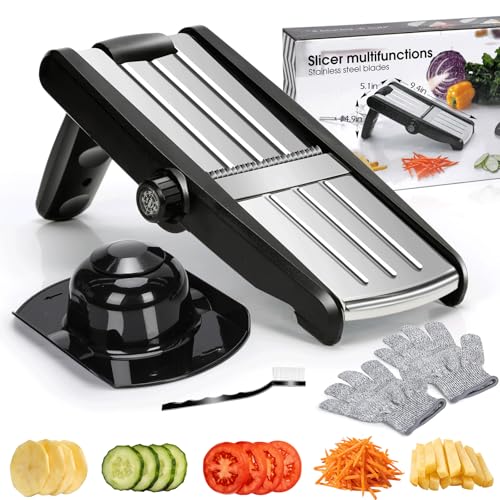 MASTERTOP Mandoline Slicer, 5 in 1 Mandoline Food Slicer for Kitchen,Stainless Steel Mini Vegetable Slicer with Safety Glove & Cleaning Brush,Adjustable Vegetable Chopper for Potatoes