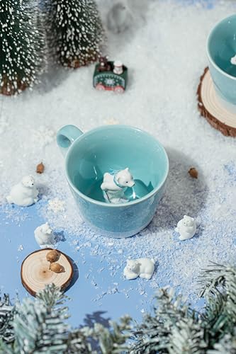 Image of DIHOclub Skiing Polar Bear Ceramic Cup Hidden Animal Inside Mug Cute Cartoon Handmade Figurine Mugs,Holiday and Birthday Gift for Coffee Milk Tea Lovers,12 OZ(Blue White)