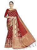HAOK Sarees For Women Banarasi Art Seide Indisches Geschenk Sari | Traditionelle Hochzeit Gewebte Sari mit nicht genähter Bluse, Rot 1, One size