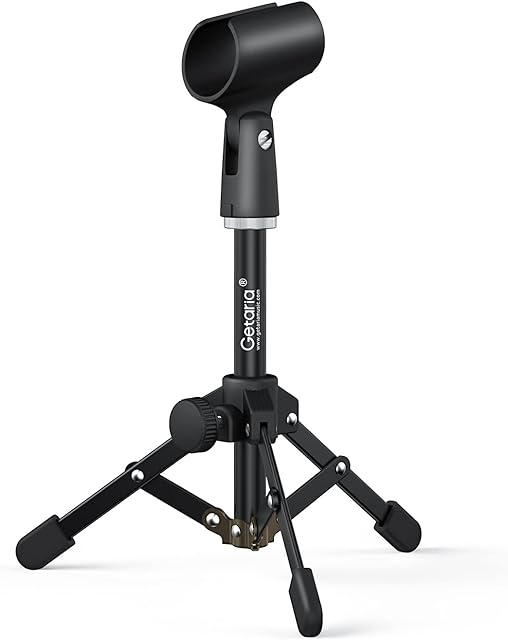 Getaria Mini Desktop Microphone Stand, Folding Microphone, Table Tripod Microphone Stand, Microphone Clip A, Microphone Clip Included, Microphone Stand for Podcasts with Meeting Lectures (Black)