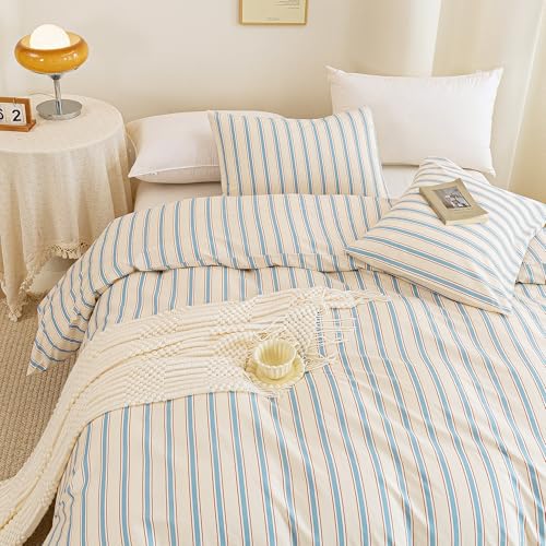Image of ECOCOTT Striped Duvet Cover King Size, 100% Washed Cotton Linen Feel Bedding Set, Blue Brown Pinstripe Comforter Cover with Zipper Closure & Corner Ties