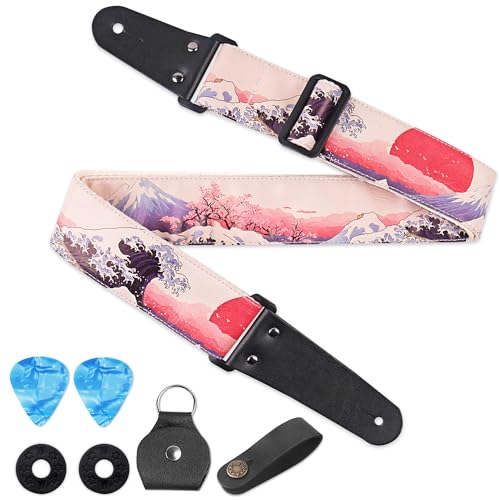 Image of Adjustable Guitar Strap Includes 2 Strap Locks & 2 Matching Picks & 1 Picks Holder & 1 leather Strap Button.