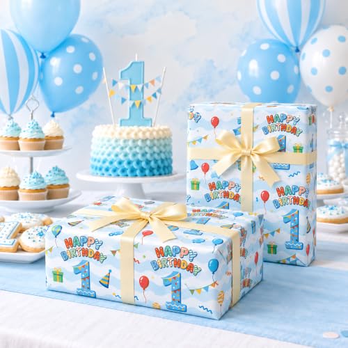 WRAPLULU Blue 1st Birthday Wrapping Paper Roll - 17.5 Inches * 25 Ft. - Boy Birthday Gift Wrap with HAPPY BIRTHDAY & 1", Perfect for Baby Boys First Birthday or Baby Shower — view 5