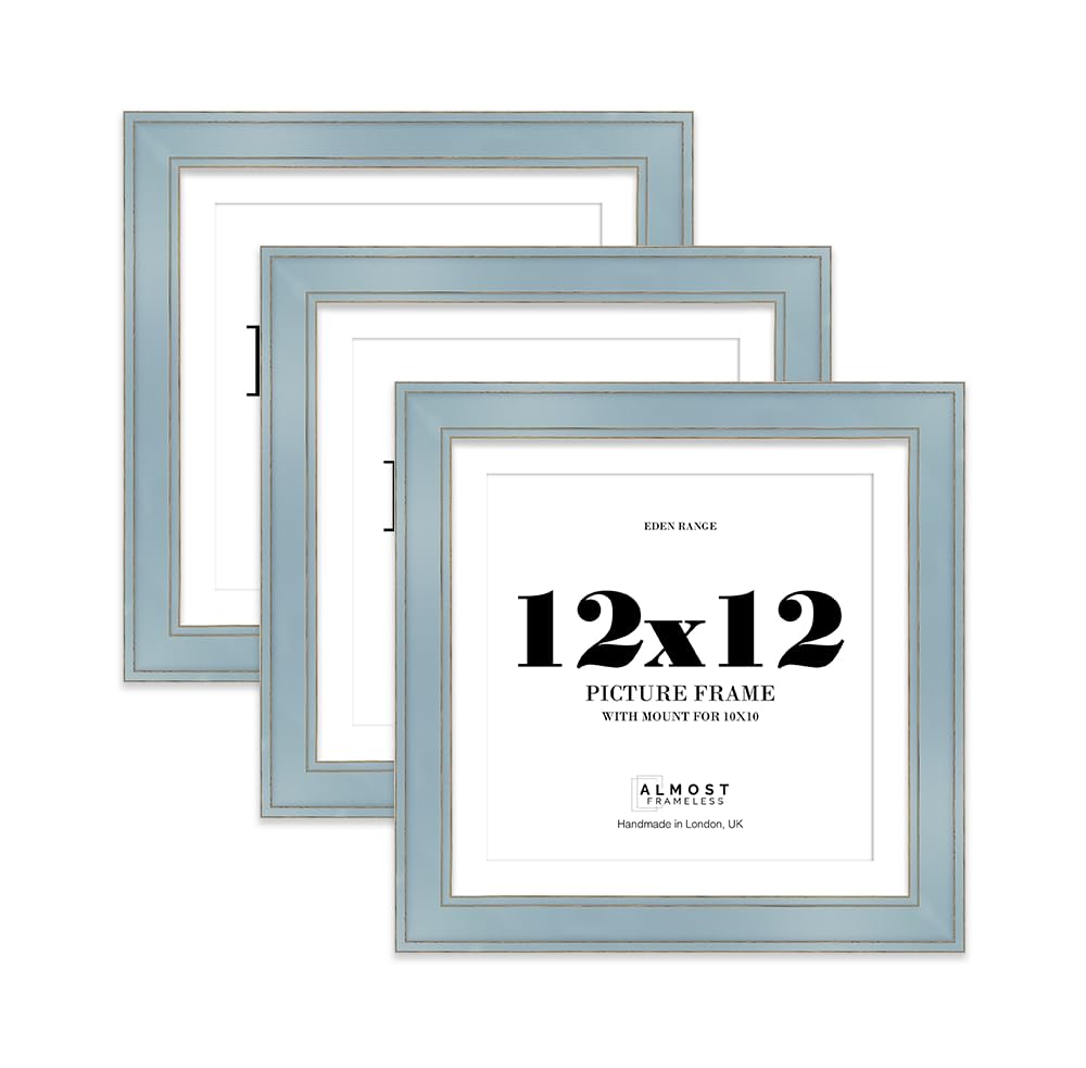 12x12" Cornflower Blue Square Picture Frame with 10x10" Mount - Shabby Chic Photo Frame with Distressed Finish, Gold Trim, Wall Hooks and Kickstand, 37mm Edge - 3 Pack โ image 1