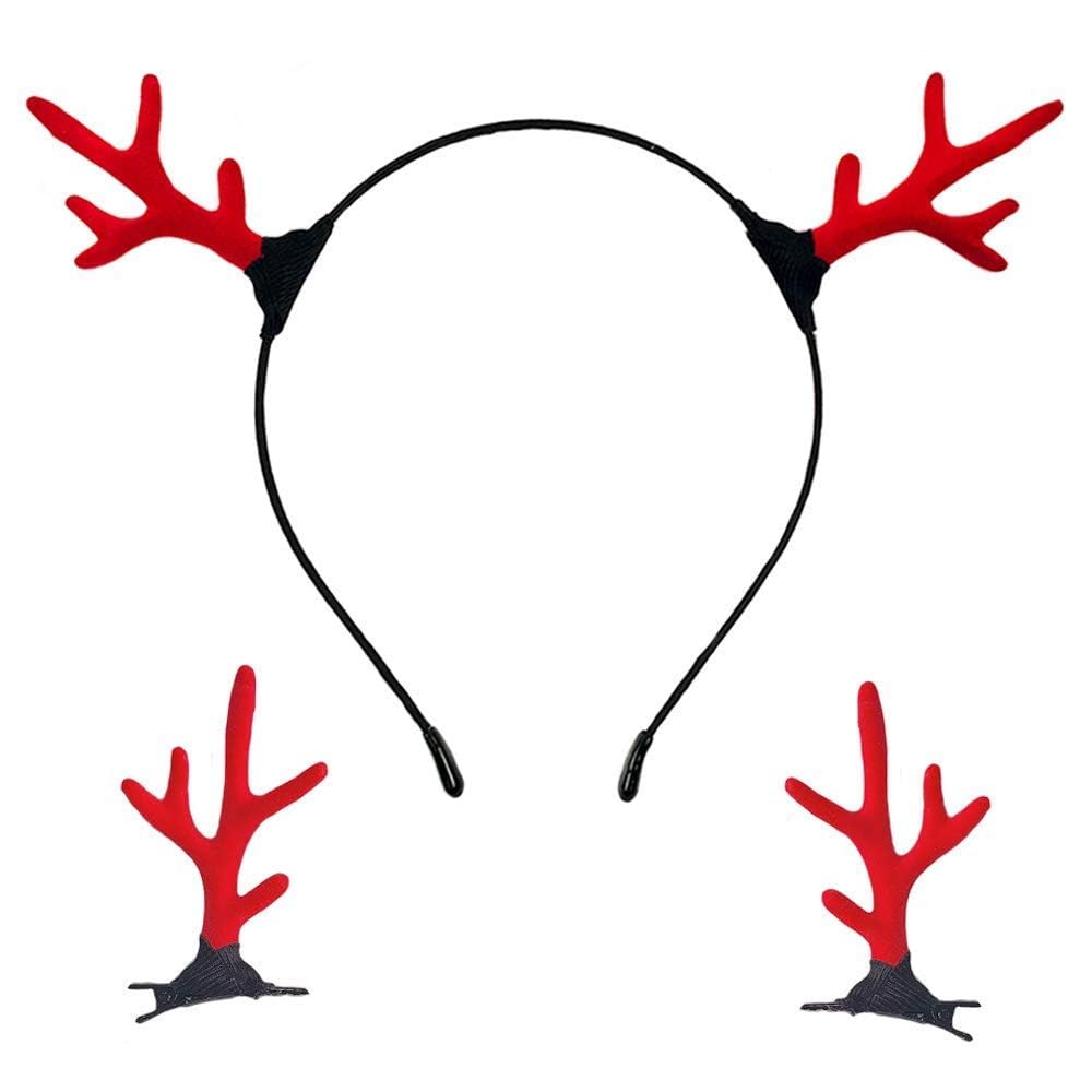 Reindeer Antler Headband Christmas Deer Antler Hair Clips Hoops Fawn Horn Headdress Headwear Headpiece Women Hairband Hair Band Party Decoration Cosplay Costume Handmade Hair Accessories 3 Pack Red