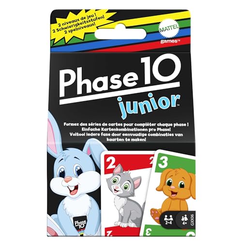 Phase 10 Junior Card Game, Multi-Level Rummy-Style Matching Colors, Animals & Shapes with 56 Cards for 2 to 4 Players, Kids Gift for Ages 4 Years & Older, GXX06