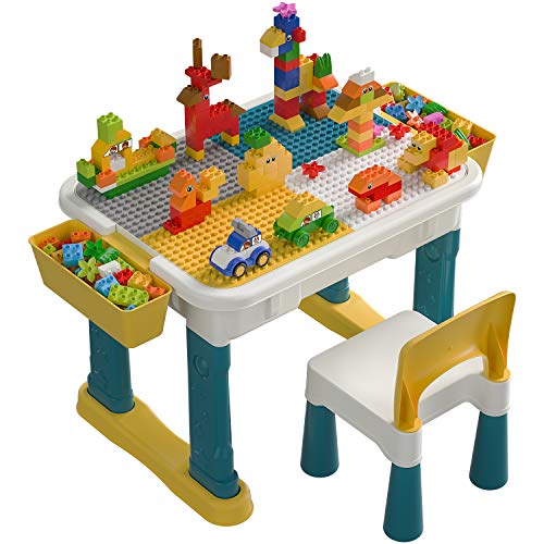 burgkidz Tavolo e Sedia per Bambini con Grandi Blocchi da 135 Pezzi, Bambini Hanno Un Grande Tavolo da Gioco per Edilizia e Costruzioni, Disegno e Ristorazione, Artigianato e Compiti a Casa