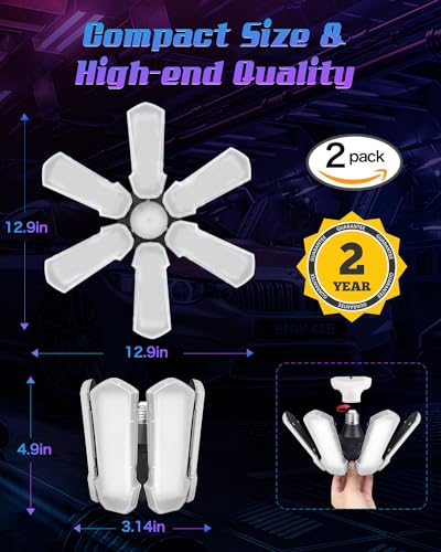 Kpbotl KPCKD-02 150W Upgrade Led Garage Lights 2 Pack Screw In Garage Light Bulb 6+1 Adjustable Panels Garage Lighting 15000Lm 6500K Deformable Garage Lights Ceiling Led Shop Light For Barn Attic Basement thumb #5