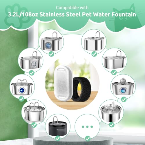 Filtro para Fuente de Gatos, 4 filtros de Repuesto para Fuente de Acero Inoxidable de 108 oz/3,2L, 4 filtros de carbón y 4 filtros de Espuma, Filtro Triple para Fuente de Agua de 67 oz/2 L para Gatos - imagen 6