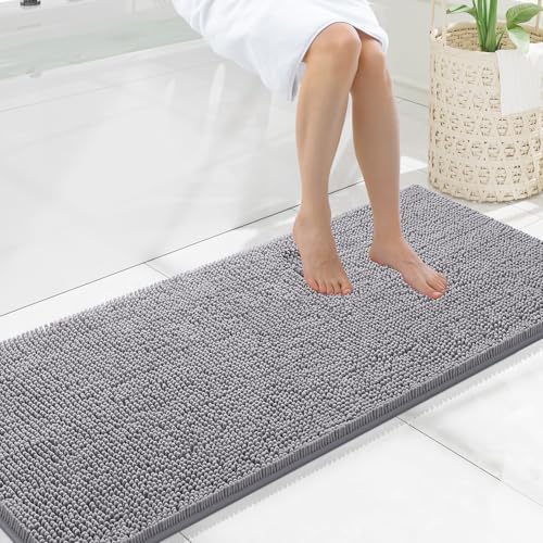 Smiry Luxury Chenille Bathroom Rugs 59x20, Extra Soft and Absorbent Shaggy Bath Mat, Machine Washable, Non-Slip Plush Carpet Runner for Tub, Shower, and Floor, Home Decor Accessories, Grey