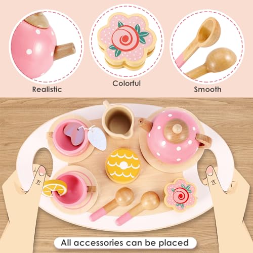 Buyger KABI-0145 Pretend Play Princess Tea Party Set For 3 4 5 6 + Year Old Wooden Kitchen Play Food Accessories Sets Gifts For Toddler Little Girls Boys Age 3-5 thumb #3