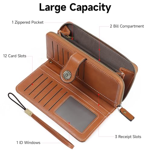 Image of Wristlet Wallets for Women Leather Credit Card Holder Bifold Brown | RFID Blocking, Large Capacity, Ladies Phone Clutch Purse with Zippered Coin Pocket