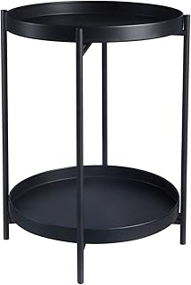 ANMOO Round Tray 2-Tier Metal End Table Metal Round Side Table Coffee End Table with Removable Tray Storage Rack Nightstand for Living Room Bedroom Balcony Tea Table (Black)