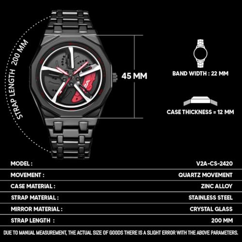 Image of V2A Vortex Men's Spinning Car Wheels Watch for Men- Octagonal Alloy Case with Stainless Steel Band | Analog Timepiece | Bold Sports Watch for Car Enthusiasts