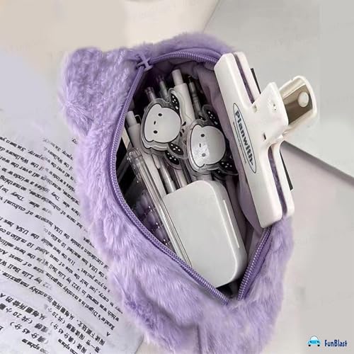 Image of FunBlast Fur Pencil Pouch for Girls - Cute Cartoon Animal Pouch, Multi-Purpose Zipper Case for School Kids, Cosmetic Pouch for Girls, Coin & Travel Pouches for School /Office (Purple)