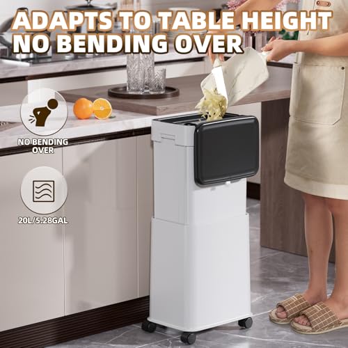 Image of Trash Can with Lid, 20L /5.3Gal Adjustable Height Kitchen Garbage Can, Trash Can on Wheels with Brakes, Plastic Tall and Slim Trash Bin for for Kitchen /Bathroom /Bedroom /Office, White