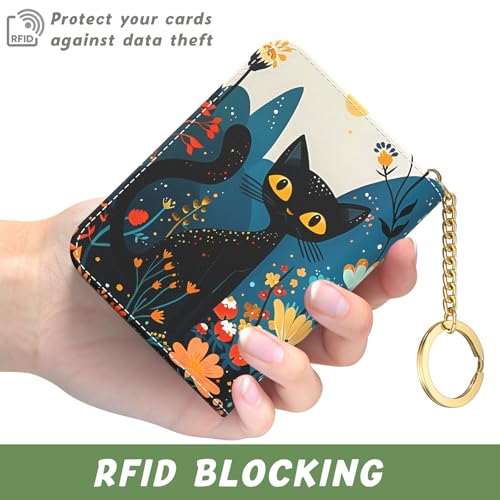 Image of Aiawoxc Credit Card Holder, Small RFID Wallet Slim Leather Card Organizer Case with Zipper and Keychain, Pretty Cat