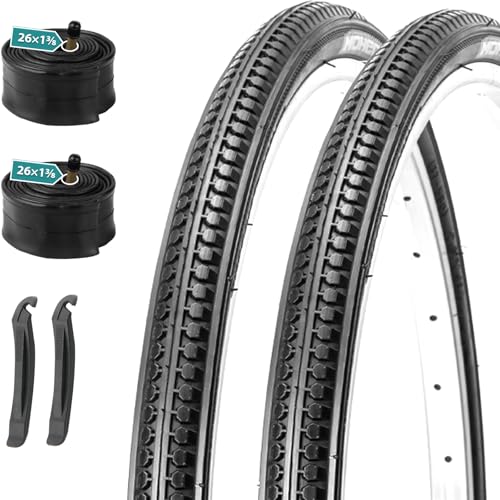 MOHEGIA 26x1 3/8 Inch Bike Tires Set - 2-Pack 26x1 3/8 Inch Folding Replacement Tires and Pair Inner Tubes Schrader Valve with Tire Levers for Vintage Urban Bicycle
