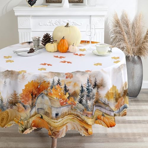 Fall Round Tablecloth 70 inches - Fall Decorations for Home - Farm Harvest Thanksgiving Table Cloth Pumpkins Fall Decor for Home, Table, Dinning 70" (Round) Harvest Farm