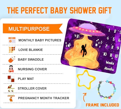 Image of UFO Baby Monthly Milestone Blanket, 48x48in Soft Flannel, Alien Round Spaceship, Newborn Mom Gifts, Baby Shower Age Growth Tracker with Bonus Maker (Purple Pink, 48x48in)