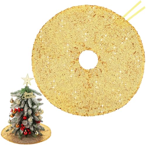 Hanaive 15 Inch Christmas Mini Tree Skirt Sequin Tree Skirt Small Tree Skirt for Christmas Pencil Slim Small Trees Decoration Bar Hotel Holiday Decor (Gold)