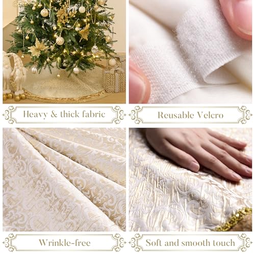Valery Madelyn Christmas Tree Skirt For Tree Decorations, 48 Inch Fabric Silver Gold Small Xmas Velvet Tree Skirt With Embroidery Baroque Pattern & Pleated Border For Tree Merry Christmas Party Decor thumb #4