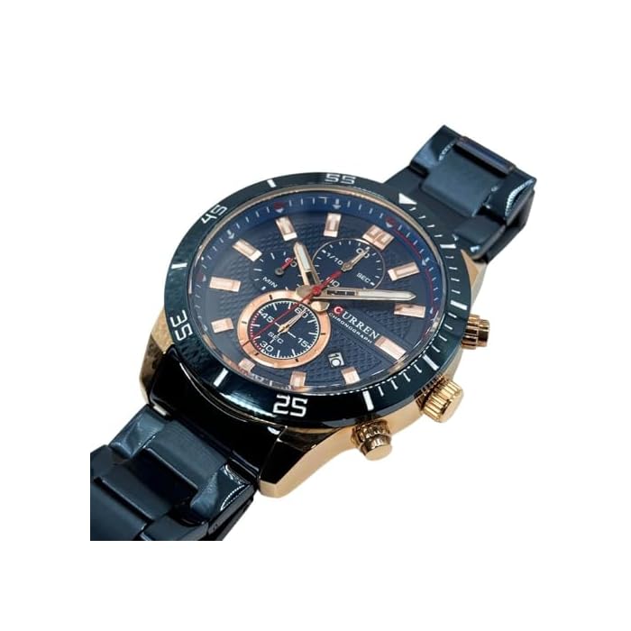 CURREN 8417. Reloj de Cuarzo para Hombre con Correa de Acero Inoxidable Azul y Esfera Azul con Detalles en Rojo, Blanco y Oro Rosa. Tiene función de Calendario y cronómetro. - Imagen 4