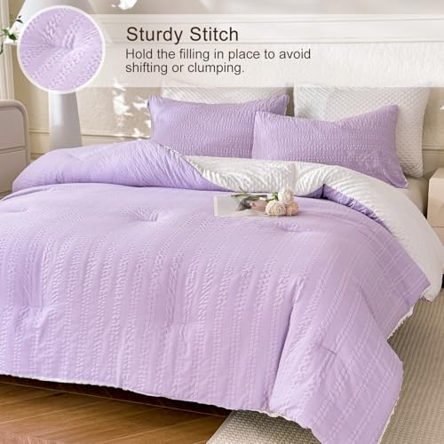 Image of tohrisa Boho Comforter Set King Size Striped Pleats Bohemian Seersucker Bedding Set All Season Soft Cozy 3 Pieces Quilt with 2 Pillowcases(104 inchX90 inch Lavender)