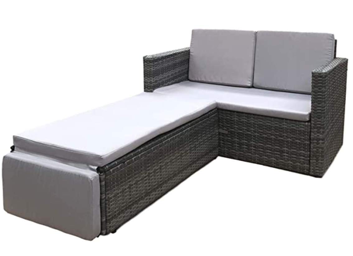 EVRE Outdoor 2 Seat Rattan Garden Love Bed Furniture Set Outdoor Sofa Set Daybed Sun Lounger with Cushions and Adjustable Footstool Patio Conservatory (Grey With Premium Cover)