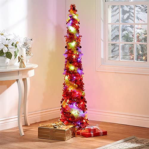 Aerwopopuptinselchristmastree5ftskinnypencilchristmastreeprelitredartificialchristmastreewith60ledcolorlightforindoorhomeroomholidaypartyxmasdecoration Urban Country Home Decor Aerwo pop up tinsel christmas tree 5 ft skinny pencil christmas tree prelit red artificial christmas tree with 60 led color light for indoor home room holiday party xmas decoration urban country home decor