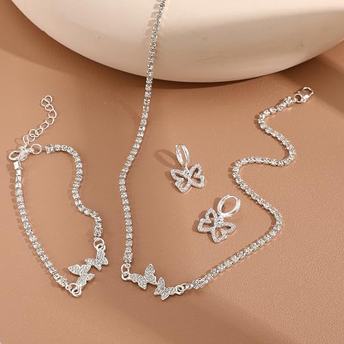 E Emzhole 3 Pieces Silver Butterfly Necklace Bracelet Dangle Earrings Set,Butterfly Pendant Necklace White Plated Jewelry Set With Aaa Cubic Zirconia,Rhinestone Cuban Necklace Bling Charm Butterfly Hoop Earrings For Women thumb #3