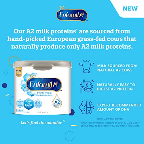 Enfamil Premium A2 Milk Protein Infant Formula 19.5oz. (4 Powder Tubs) Prebiotic, Easy to Digest, Non-GMO, Immune Support, Omega 3 DHA, No Added Sugar, A2 Protein Sourced from European Grass-fed Cows
