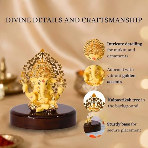 Image of Gold Plated Ganesh Idol with Kalpavruksh Tree for Car Dashboard & Office Desk | Ganpati Murti for Home Decor & Hindu God Gift | Resin (Yellow) | 3 Inches