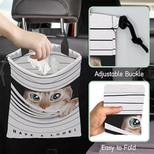 Image of Cute Cat Car Garbage Bag,Waterproof Small Car Trash Bag Hanging Back of Seat,Drawstring Hanging Car Trash Bag with Adjustable Buckle for Car Accessories